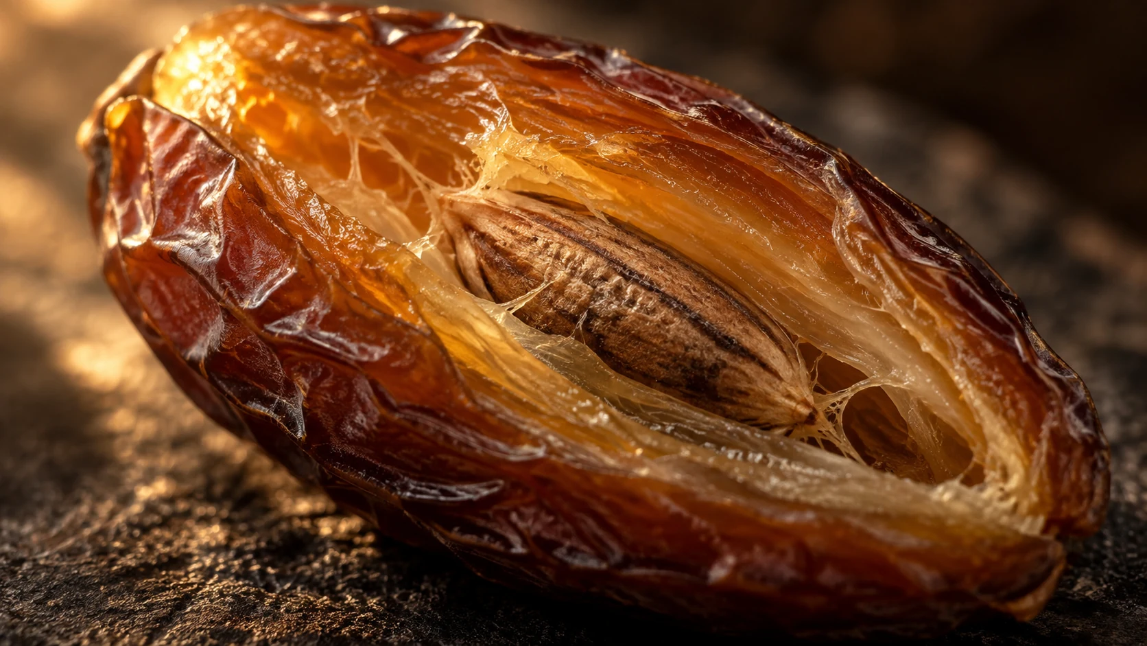 Close-up of an opened date showing the fruit around its pit