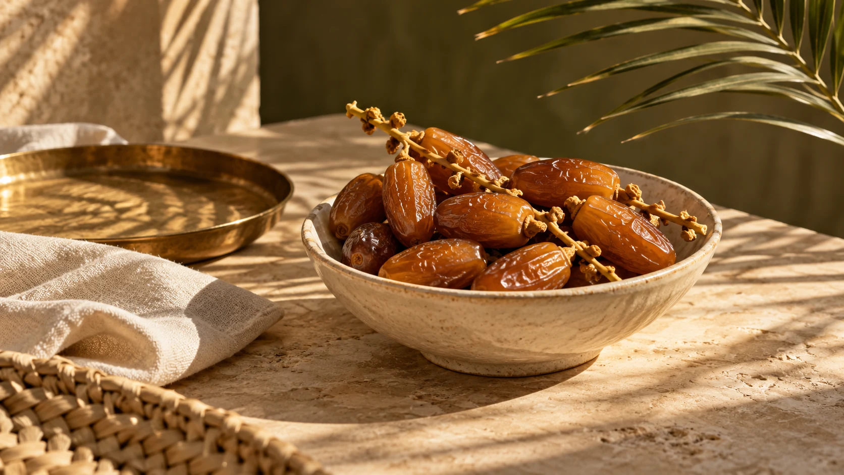 A bowl of Tunisian dates set on a sunlit table, ready to share