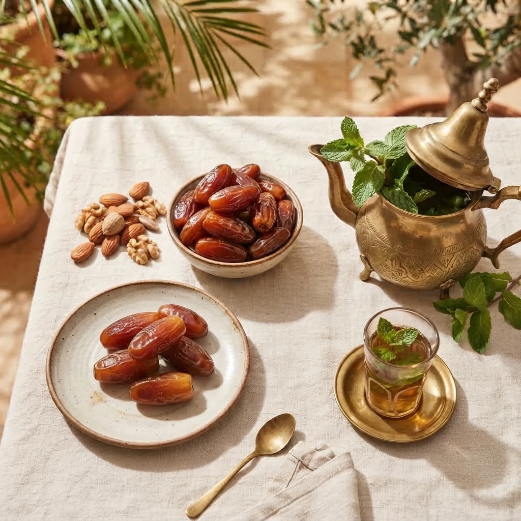 Dates served with mint tea and nuts on a sunlit table