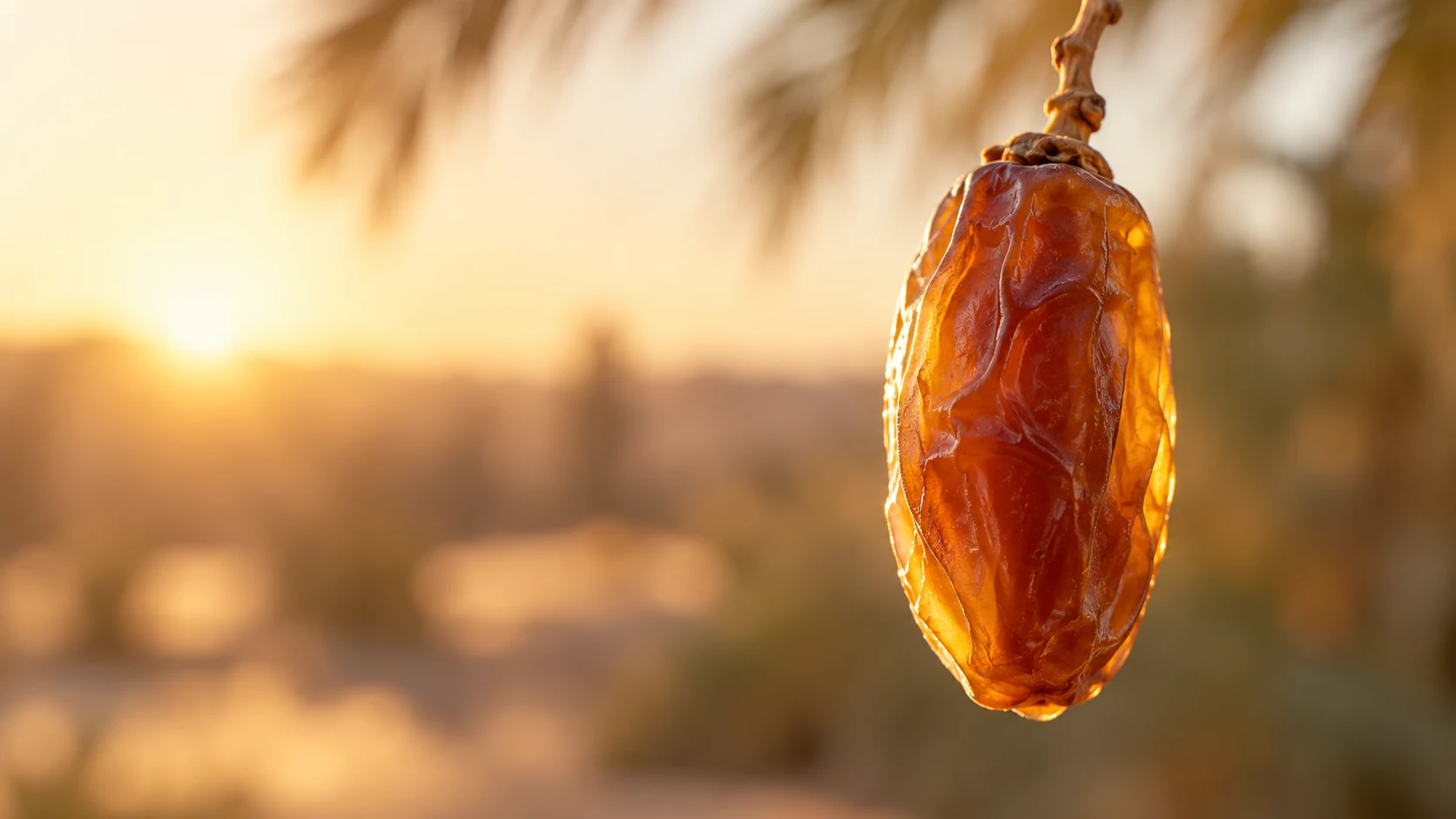 A whole golden date hanging from a palm at sunset