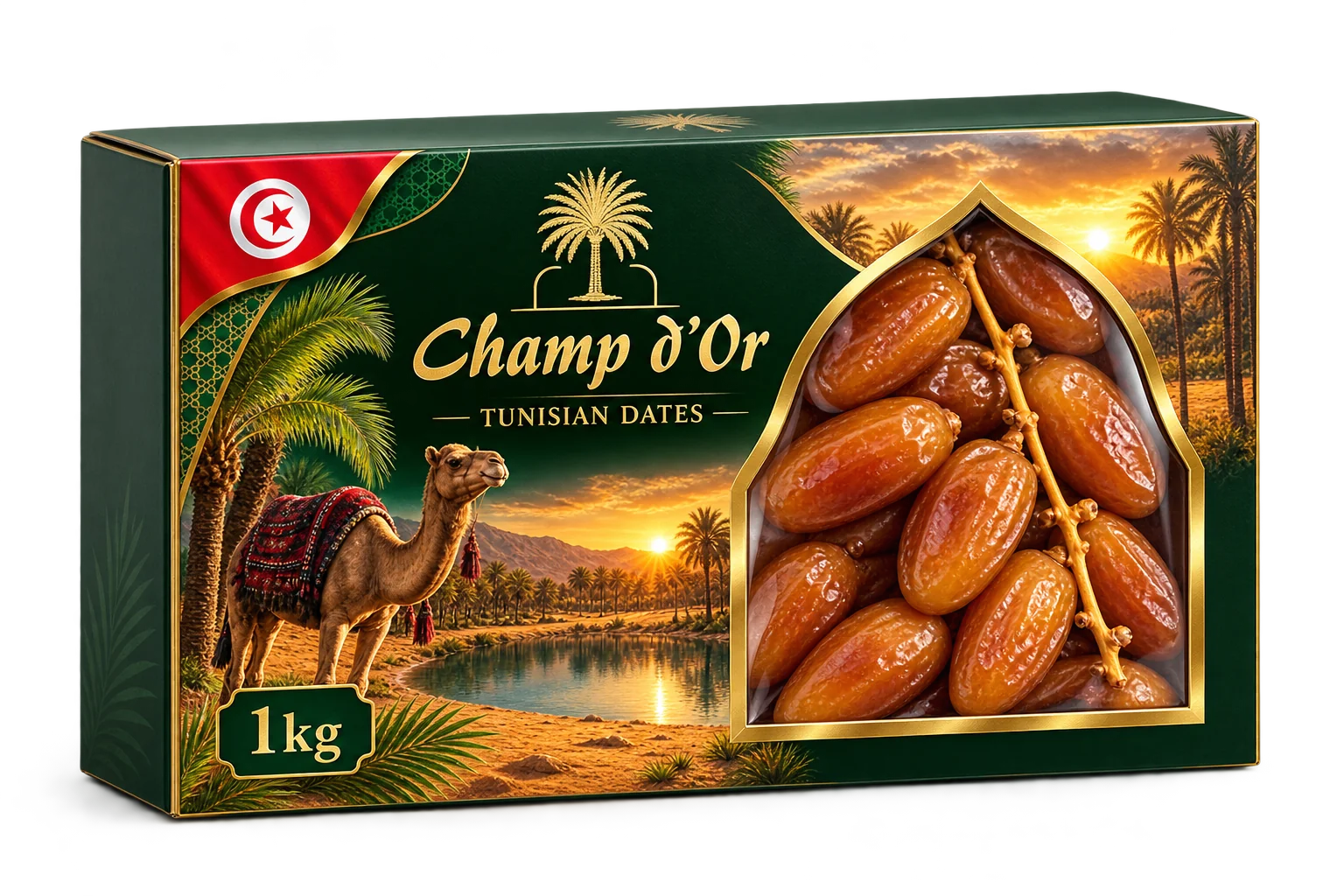 Champ d’Or 1kg rectangular box packaging mockup with a branch of dates
