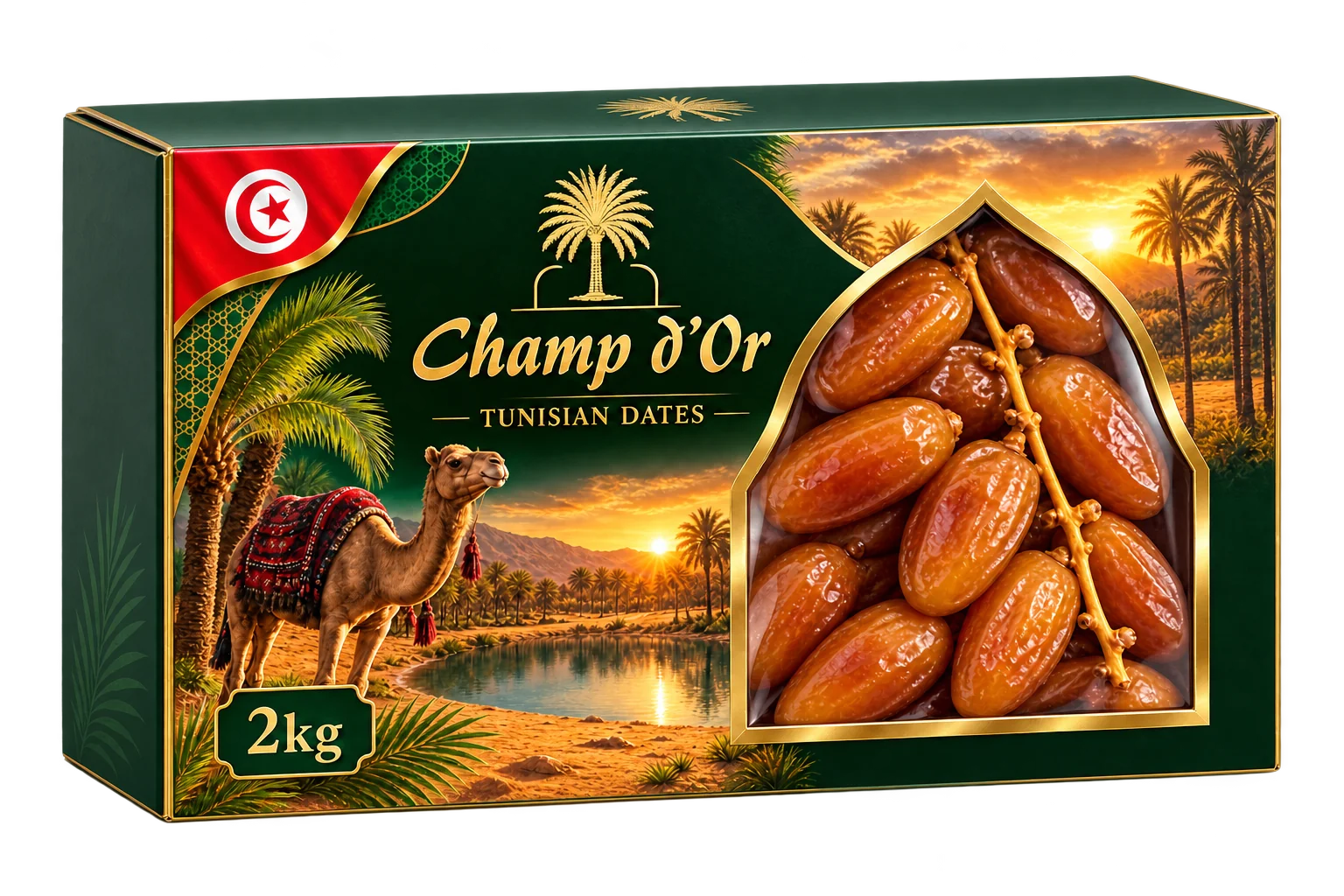 Champ d’Or 2kg rectangular box packaging mockup with a branch of dates