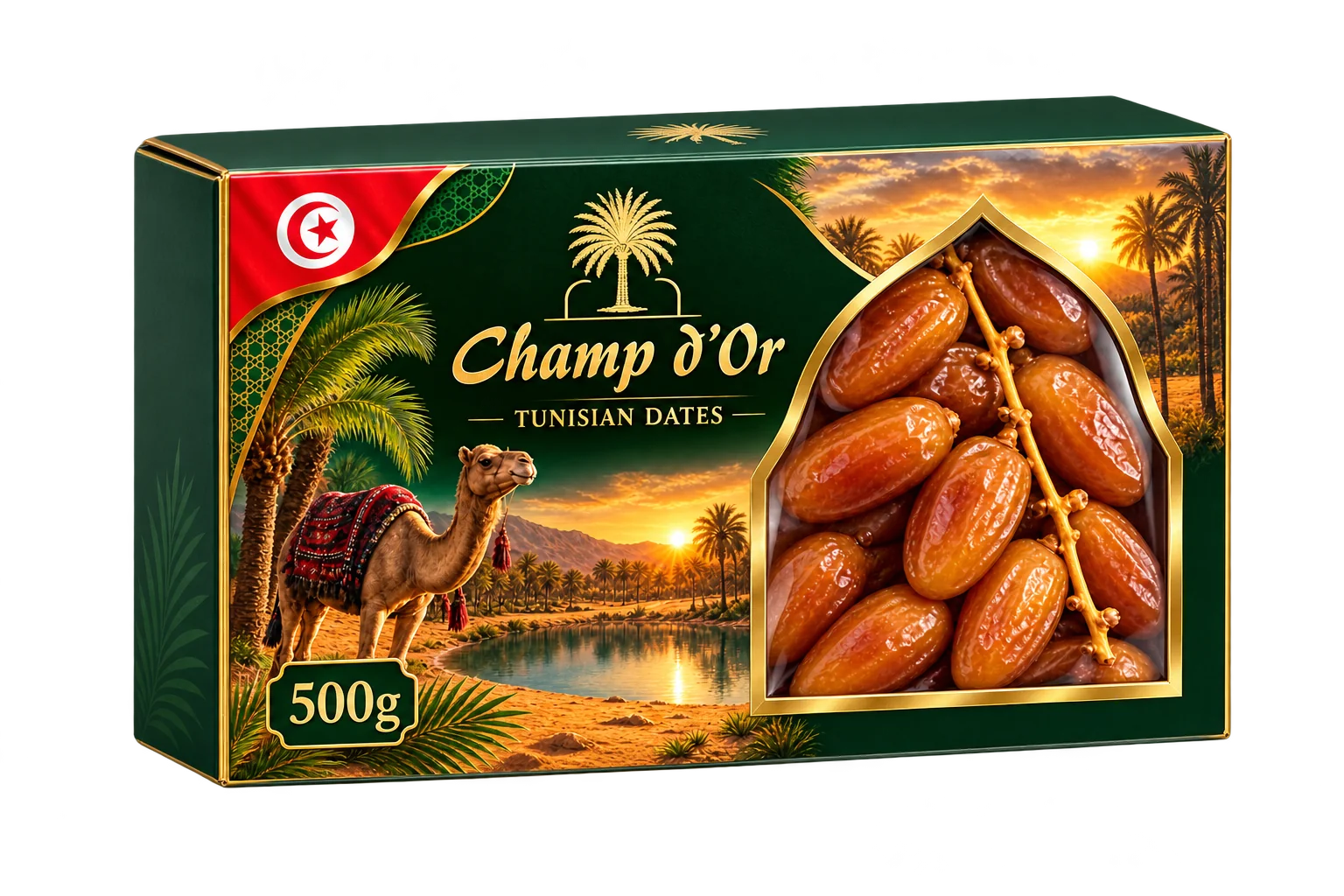 Champ d’Or 500g rectangular box packaging mockup with a branch of dates
