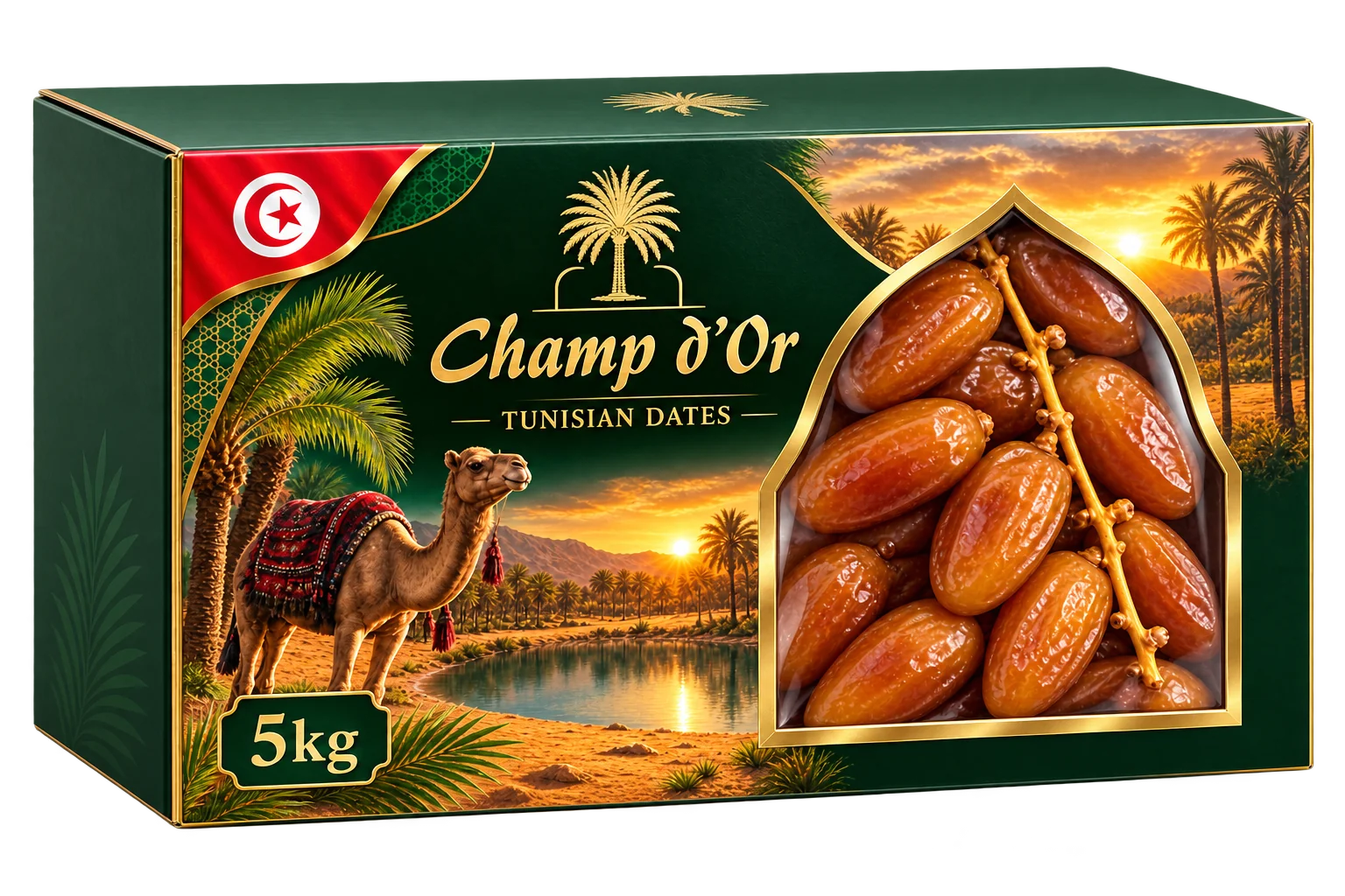 Champ d’Or 5kg rectangular box packaging mockup with a branch of dates